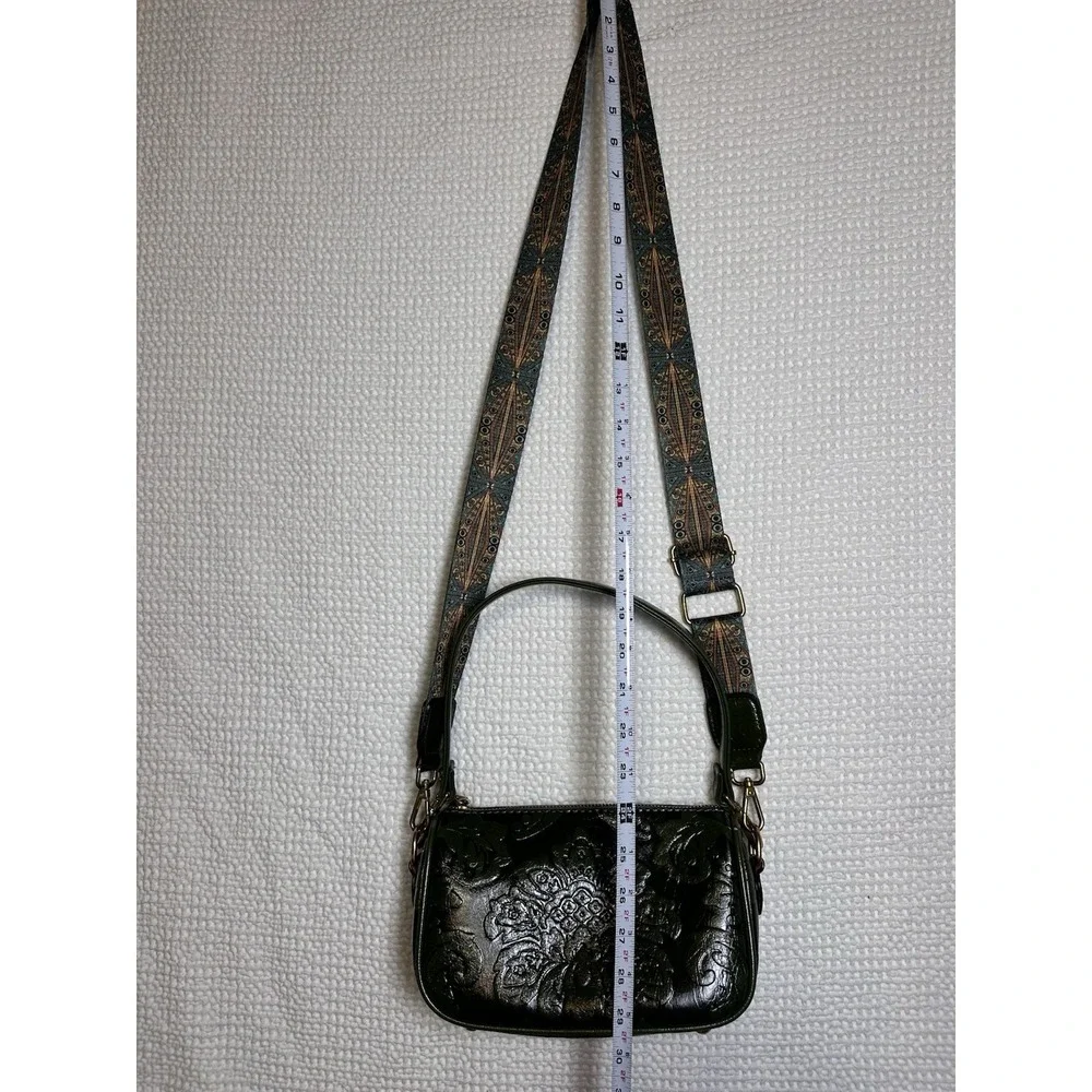 Green Embossed Floral Crossbody Shoulder Bag Removable Strap Boho Western Purse